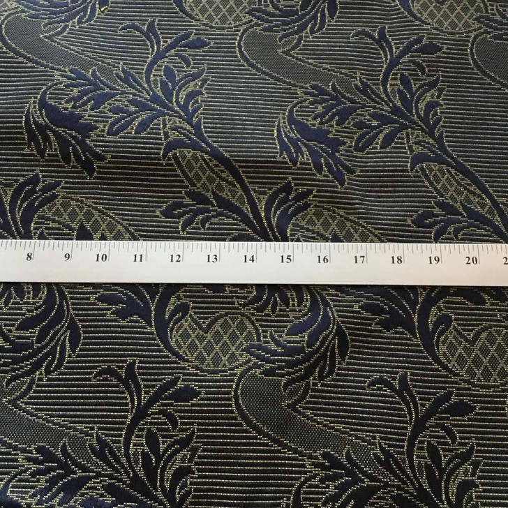 Stylized Leaves with Stripes in Navy Blue and Yellow | Upholstery Fabric | 62 W