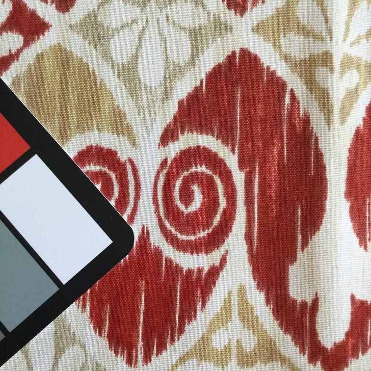 Ikat Scrollwork in Red, Beige, and White | Outdoor Upholstery Fabric | 54 Wide