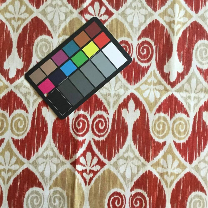 Ikat Scrollwork in Red, Beige, and White | Outdoor Upholstery Fabric | 54 Wide