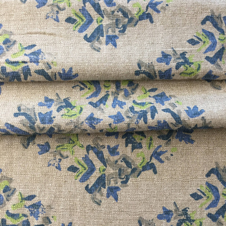 Textured Floral Diamonds | Home Decor Fabric | Taupe / Blue | 54 Wide | BTY