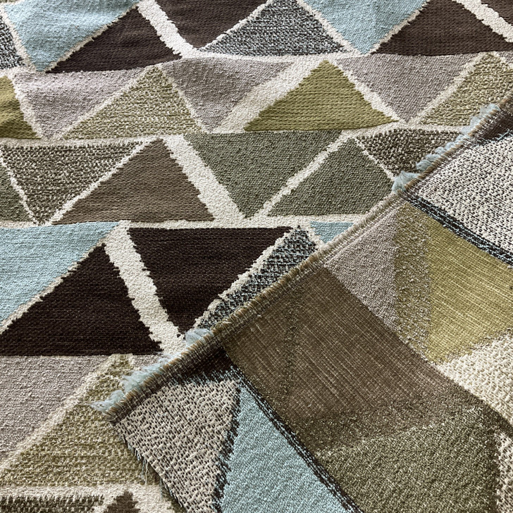Canron in Spring | Triangle Geometric in Green / Brown / Blue | Upholstery Fabric | Regal Fabrics Brand | 54" Wide | By the Yard