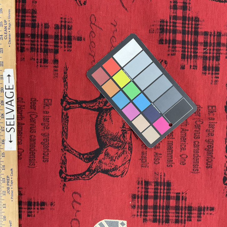 Elk and Crest in Red / Black | Upholstery Fabric | 54" Wide | By the Yard