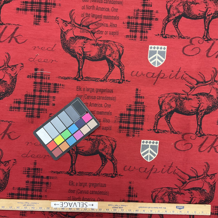 Elk and Crest in Red / Black | Upholstery Fabric | 54" Wide | By the Yard