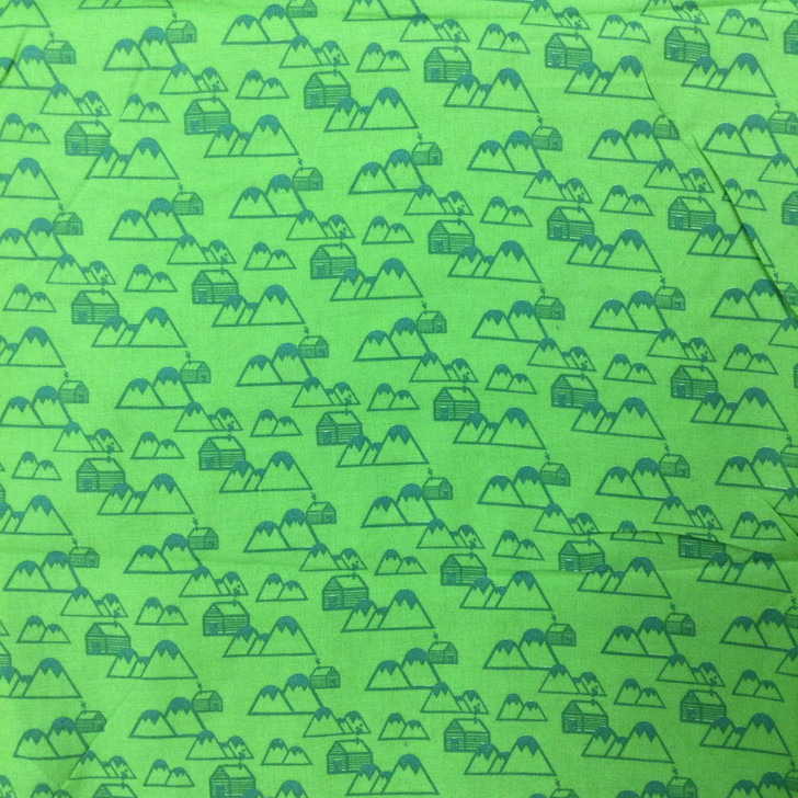 Spring Green Mountain Cabin Motif Print | Quilting Fabric | 100% Cotton | 44 wide | By the Yard 3579 Spring Gree