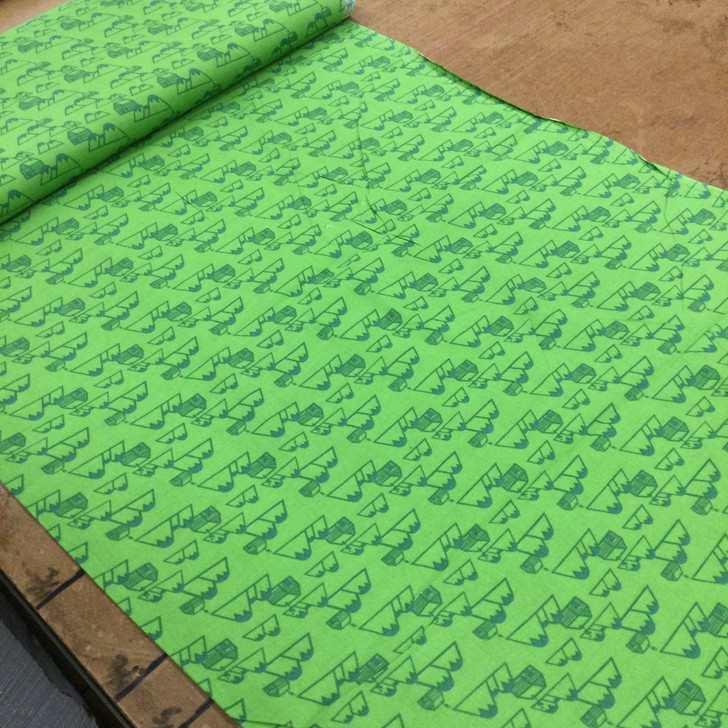 Spring Green Mountain Cabin Motif Print | Quilting Fabric | 100% Cotton | 44 wide | By the Yard 3579 Spring Gree