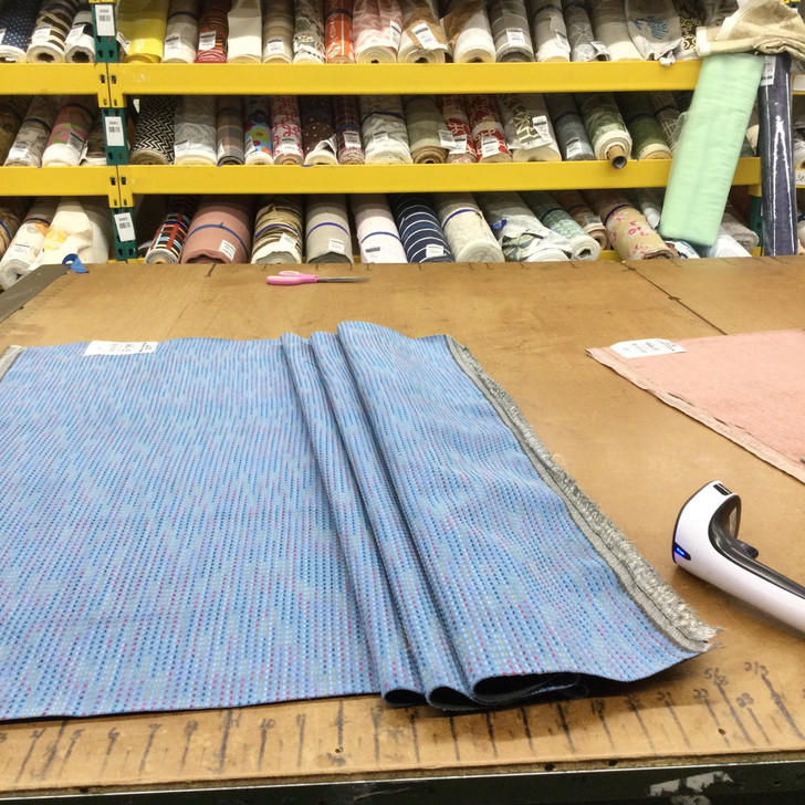 Blue with Multicolored Dashes  | Low-pile Chenille Microfiber Fabric  | Rubber-backed Heavy Duty Upholstery | 54" Wide | By the Yard