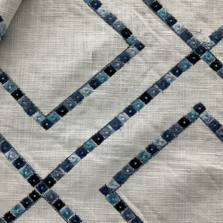 PKL Studio Beaded Lattic Embroidery Duck Porcelain | Heavyweight Duck Fabric | Home Decor Fabric | 54" Wide