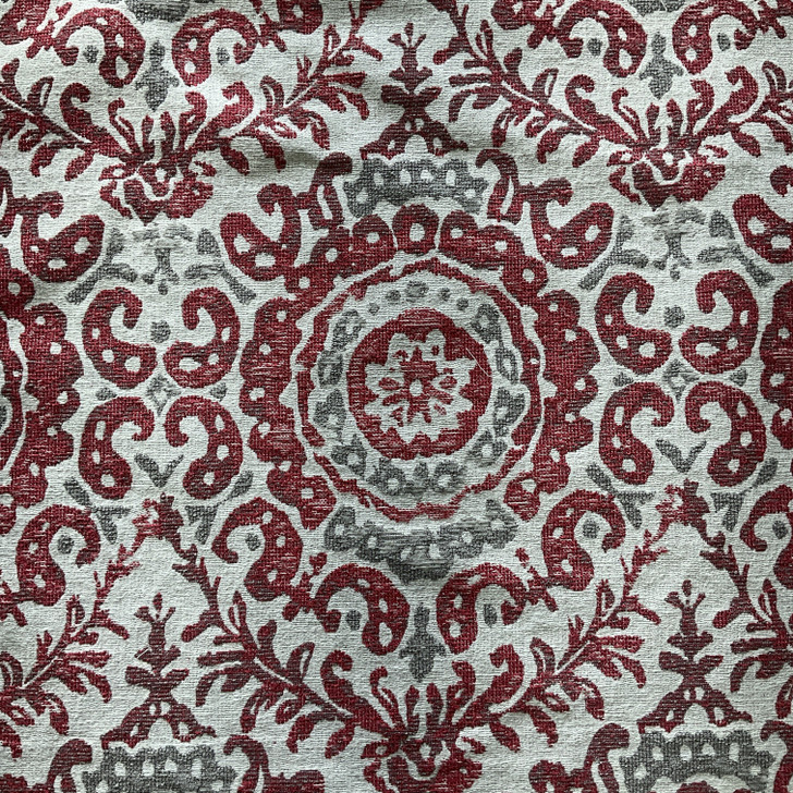 Medallions in Red | Upholstery Fabric | Large Scale Damask Red Grey Chenille | Heavy Weight | 54" Wide | By The Yard