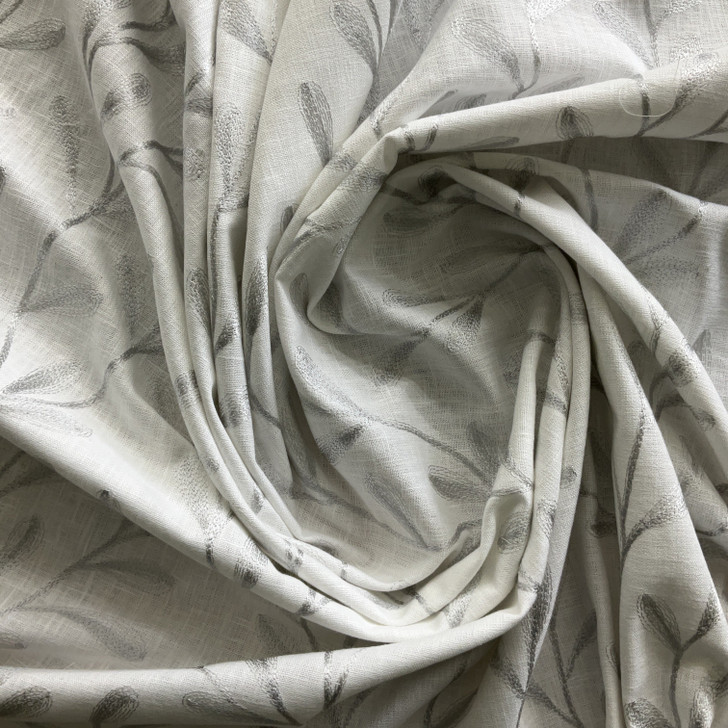 Tangle in White Pebble | Embroidered Drapery Fabric | White Silver Leafy Vines | Medium Weight | 54" Wide | By The Yard