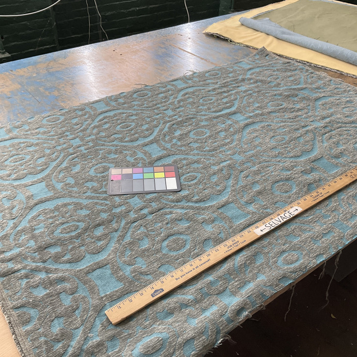 Scrollwork in Teal / Grey | Jacquard Upholstery Fabric | Chenille | Heavy Weight | 54" Wide | By the Yard