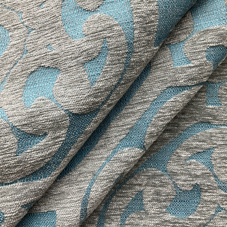 Scrollwork in Teal / Grey | Jacquard Upholstery Fabric | Chenille | Heavy Weight | 54" Wide | By the Yard