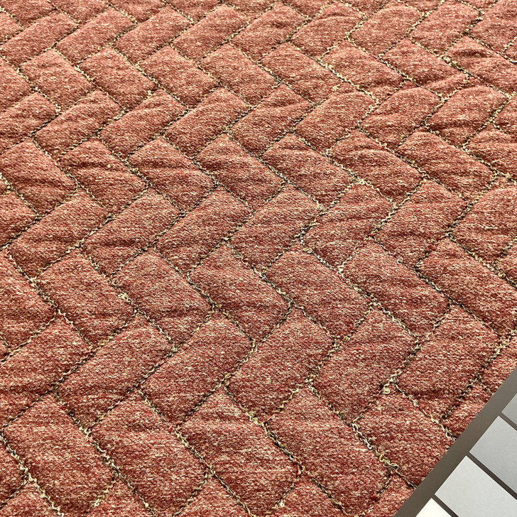 Pre-Quilted Geometric in Brick Red with Brown Boucle | Upholstery Fabric | Heavyweight | Backed with Batting | 54" Wide | By the Yard