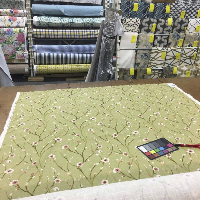 Duralee 42135-212 | Apple Green | Linen Floral Drapery Fabric with Pink Mauve