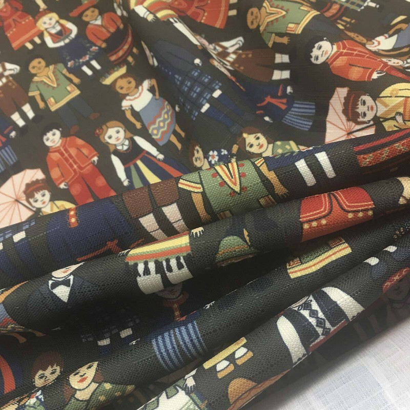 World Children in Traditional Dress on Black Slub | Multiuse Fabric By The Yard