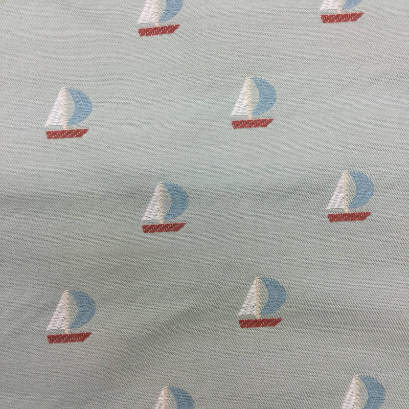 Embroidered Sailboats on Spa Blue | Upholstery Fabric | Heavy Weight