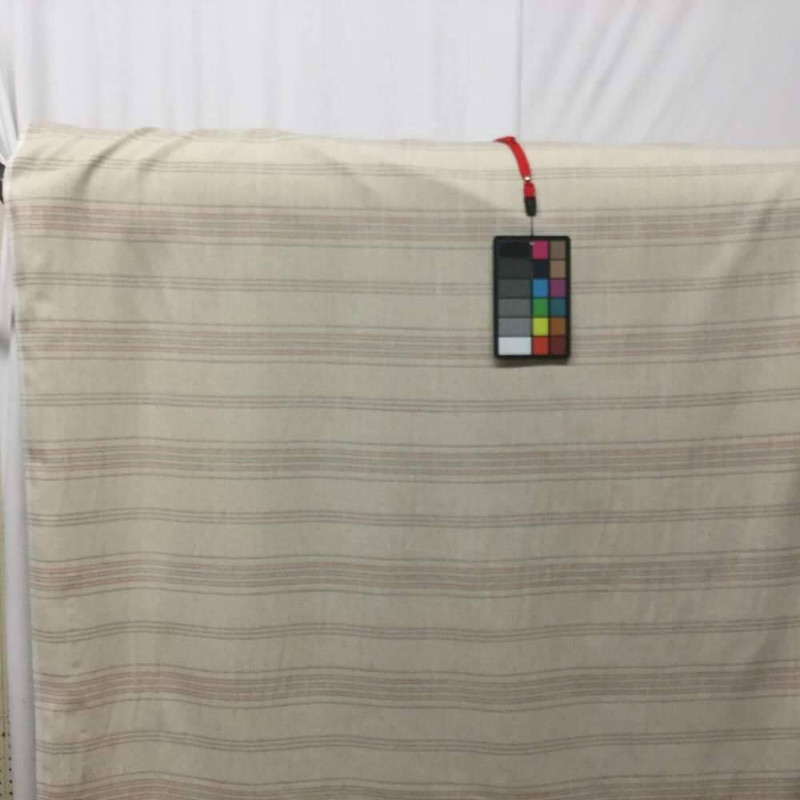 Red and Silver Stripe on Off White | Poly/Linen Upholstery Fabric | Fleece Back