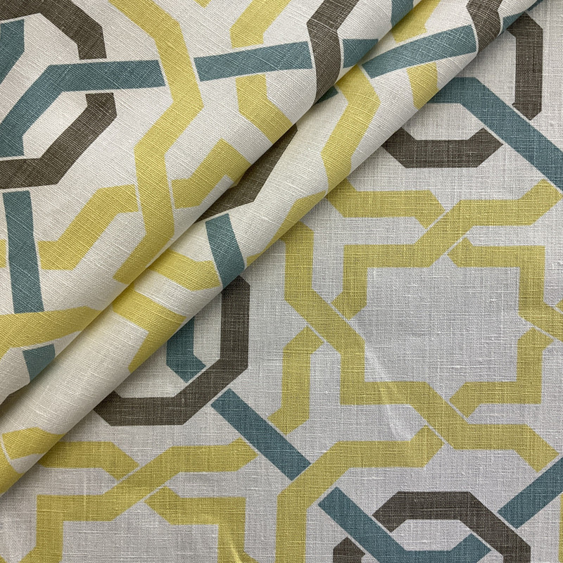 Geometric Trellis in Yellow and Blue Upholstery Fabric | 54 W | BTY | Linen-like