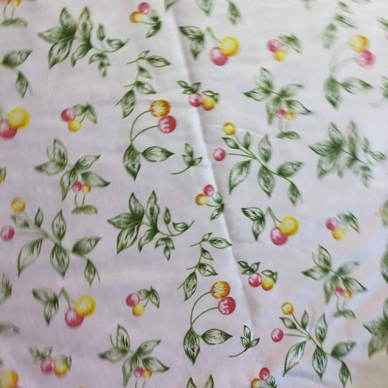 Pink Yellow Cherry Print Lightweight Woven Fabric | Poly Cotton | Drapery Apparel Lining Crafts