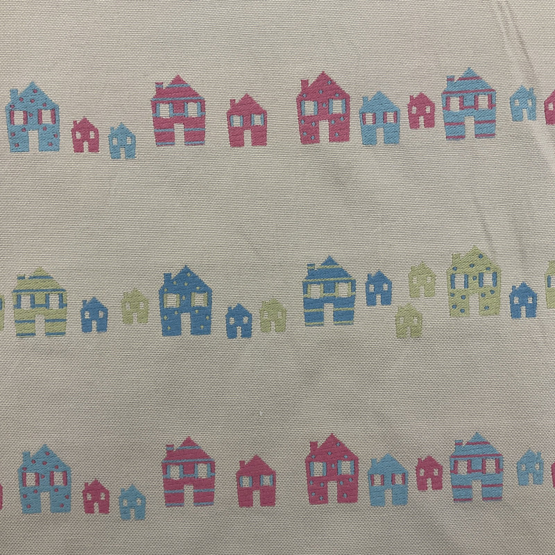 Vintage Houses Tan / Red / Blue | Heavyweight Upholstery Fabric | 54 Wide | BTY