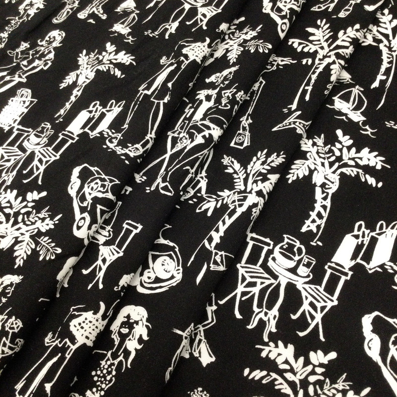 White Vacation Print on Black Rayon Dress Weight Fabric | Great For Casual Apparel | Dresses | Tops | Crafts | Drapery| By The Yard | 60 inch wide