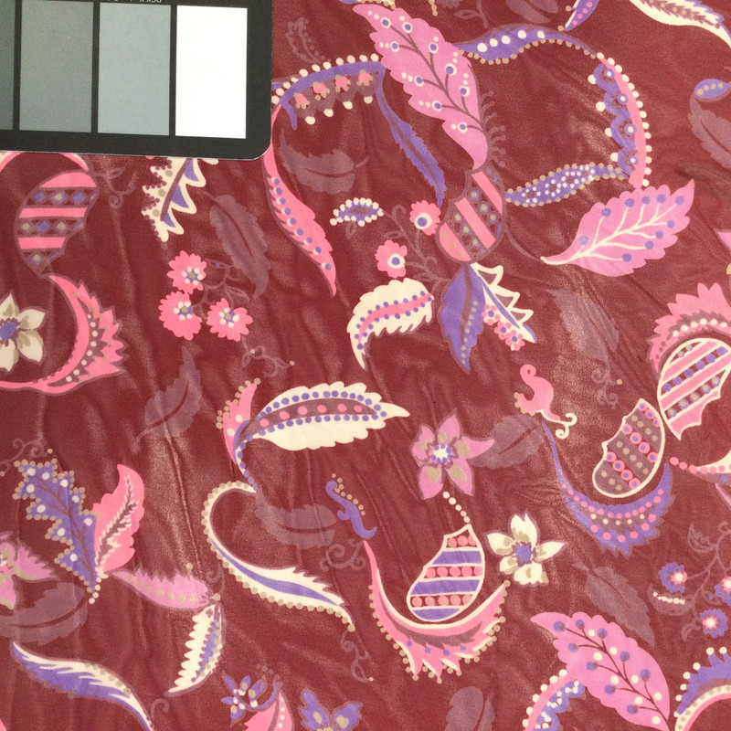 Burgundy Floral Poly Chiffon Print | Pink, Purple and Ivory Leaves in Scroll | 45" Wide | 100% Polyester Fabric