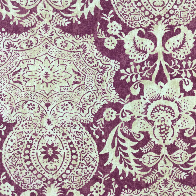 Shalimar Resist in Prune | Batik Damask in Purple and Beige | Upholstery / Drapery Fabric | The Williamsburg Collection | 54" Wide | By the Yard
