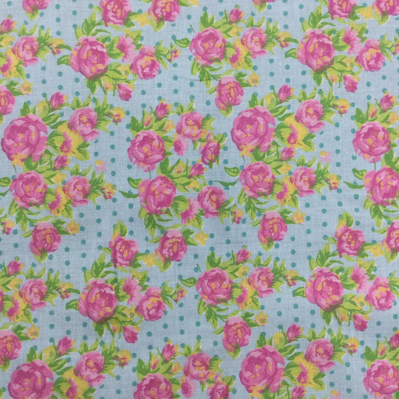 Rose Floral Quilting Fabric | Light Blue / Pink / Green | 100% Cotton | 44" Wide | By the Yard