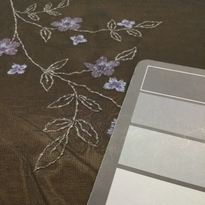 Purple Floral on Black Mesh | Polyester Sheer Stretch Knit Fabric | Clothing and Apparel | By The Yard | 60 inch Wide