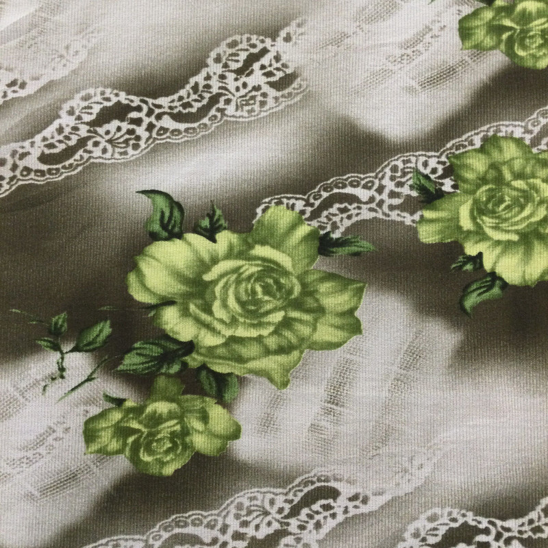 Olive Green and Grey Roses and Lace Polyester Jersey Fabric |  Lightweight Sheer Mesh Knit Stretch Fabric | Clothing and Apparel | By The Yard | 45 inch Wide