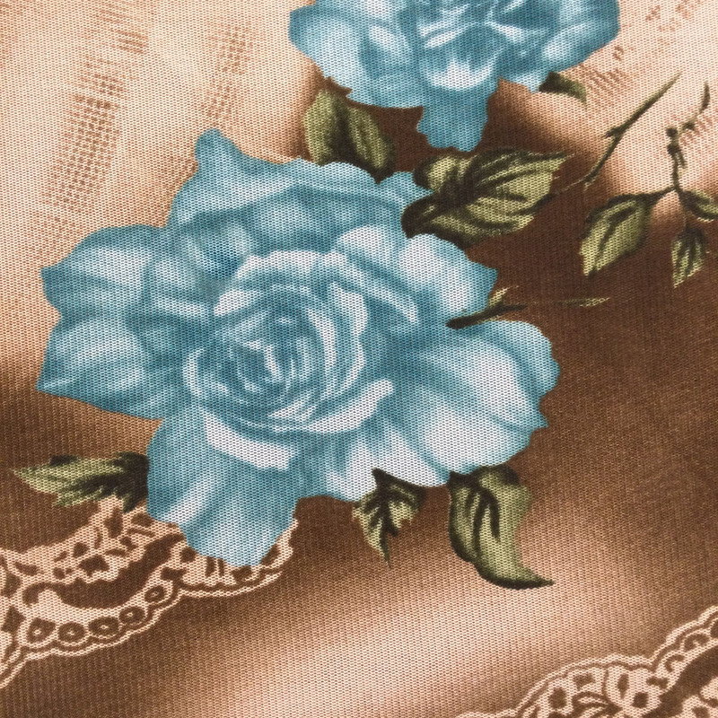 Roses and Lace Jersey Mesh Knit Fabric |  Teal Blue on Brown and Tan | Fashion Fabric | 45 Inch Wide | By The Yard