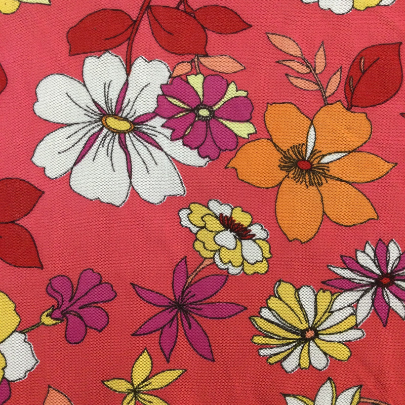 Retro Floral Print in Coral Multi | Sheer Jersey Knit Mesh Fabric | Clothing and Apparel | By The Yard |60 inch wide