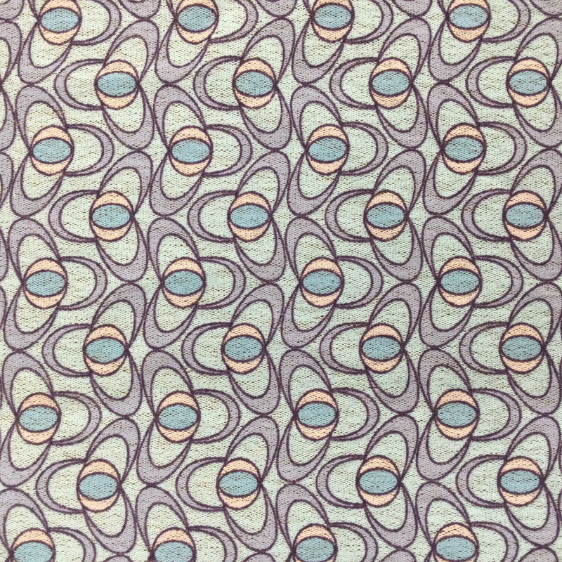 Atomic Geometic Print  in Lavender and Pink on Light Aqua | Lightweight  Semi Sheer Jersey Knit Stretch Fabric | By The Yard | 60 Inch Wide