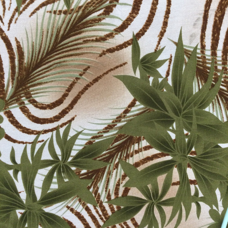 Tropical Ferns in Brown and Olive Green on White | Sheer Mesh Knit Stretch Fabric | Clothing and Apparel | By the Yard | 45 Inch wide