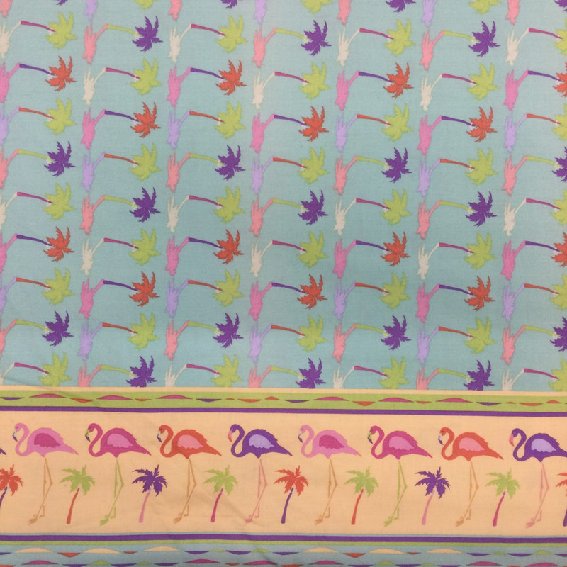 Tropical with Flamingos Border Print in Mint / Pink / Purple | Playa Sur by Free Spirit | Quilting Fabric | 100% Cotton | 44 wide | By the Yard