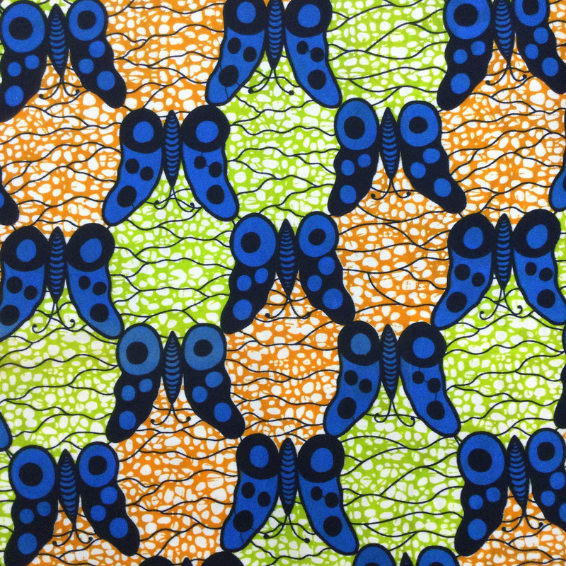 Butterflies  in Blue on Green/Brown Textured Background | Waxed Cotton | African Prints | Quilting Fabric | 100% Cotton | 44 wide | By the Yard