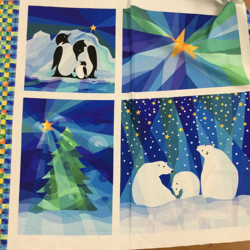 Blue  Polar Bears and Penguins Wall Hanging Panel | Winter Lights Collection | P & B Fabrics | 36 x 44 Inch Panel | 100 % Cotton  | Quilting Panel