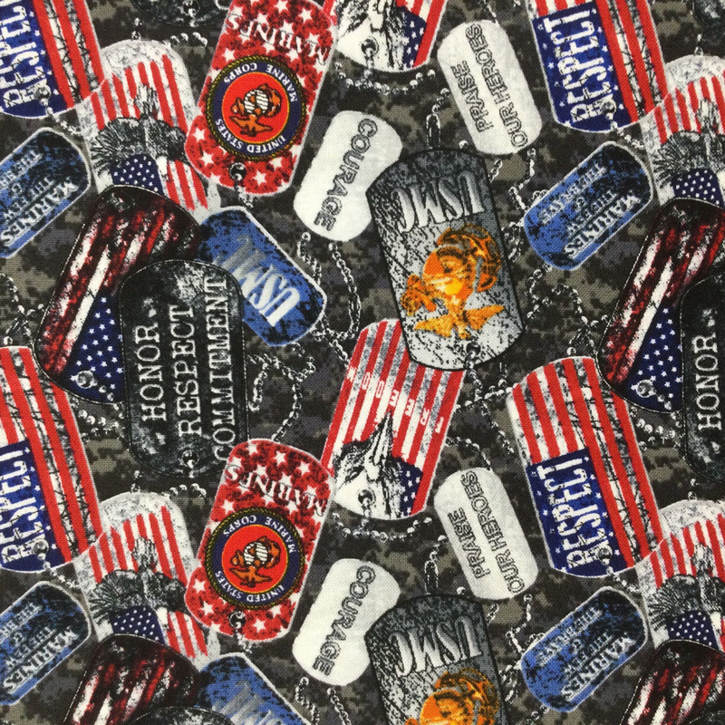 Marines Dog Tags in Grey / Red / Blue | Quilting Fabric | 100% Cotton | 44 wide | By the Yard 5122
