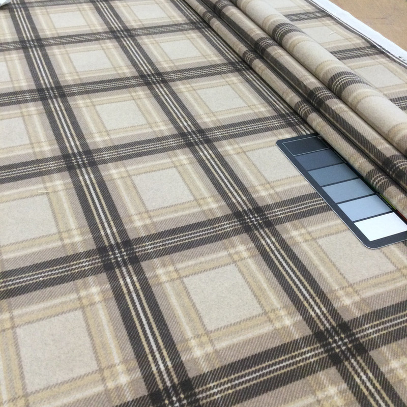 Tartan Plaid Velvet Fabric | Beige / Taupe / Off White | Heavyweight Upholstery | Microfiber Velvet | 54 wide | By The Yard