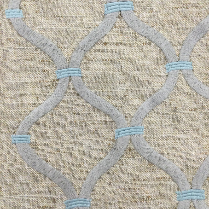 Embroidered Ogee in Grey and Spa Blue on Natural Brown Slub Weave | Drapery / Upholstery / Slipcover Fabric | Linen Blend | 54" Wide | By the Yard