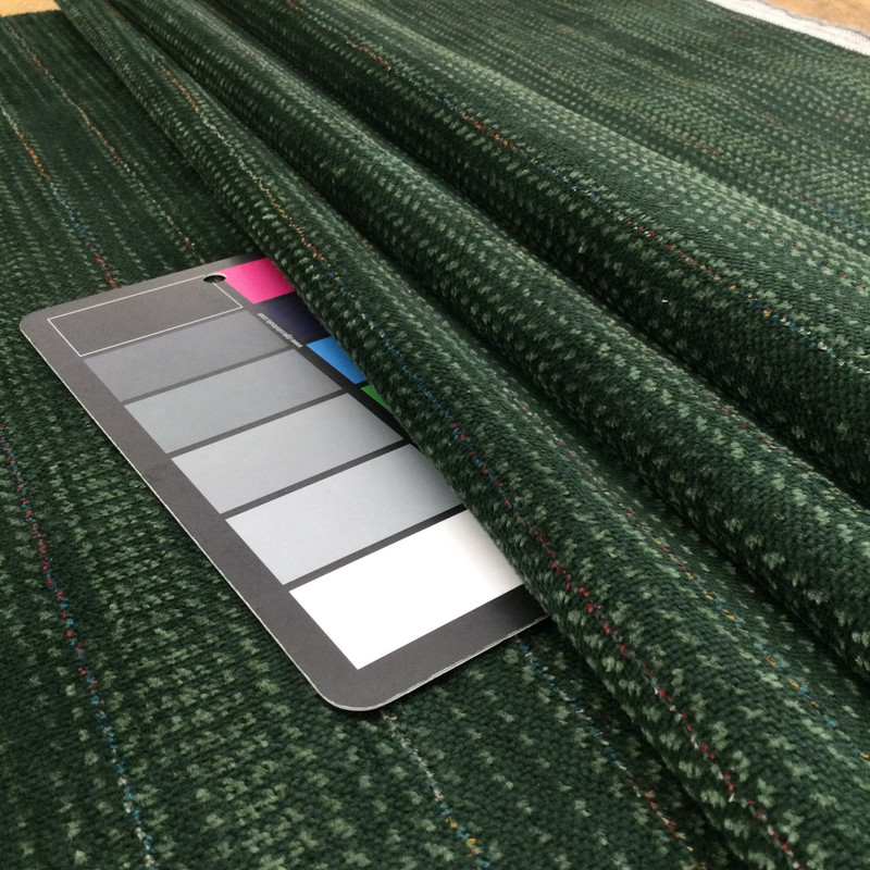 Dark Forest Green with Lt. Green, Red, Blue  | Low-pile Chenille Microfiber Fabric  | Rubber-backed Heavy Duty Upholstery | 54" Wide | By the Yard