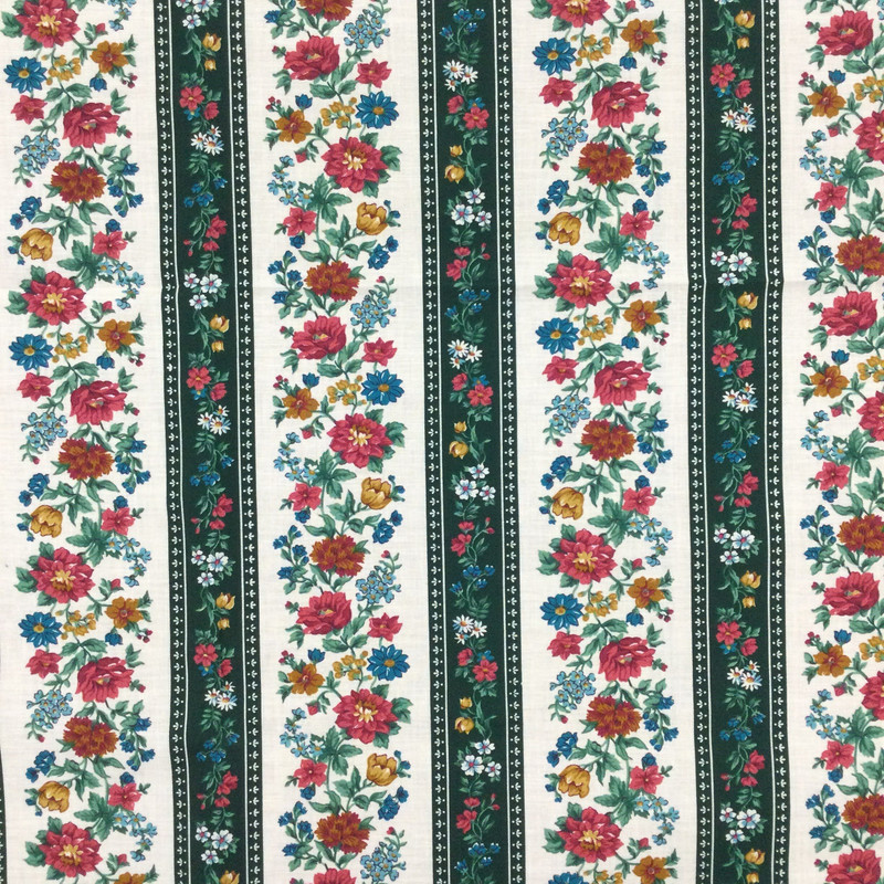 Vintage Floral Stripe Fabric in Green / Red / Blue / Off White | Upholstery / Curtains | 54" Wide | By the Yard