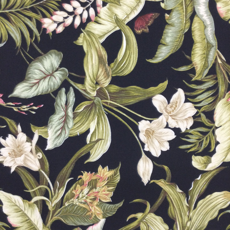 Tropical Waverly in Black / Green | OUTDOOR Home Decor Fabric | Upholstery | 54" Wide | By the Yard | Waverly "Wailea Coast" Ebony