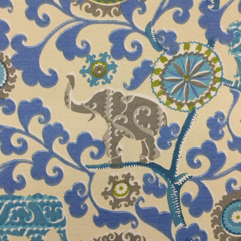 Elephants and Medallions in Blue / Off White / Grey | OUTDOOR Home Decor Fabric | Upholstery | 54" Wide | By the Yard |
