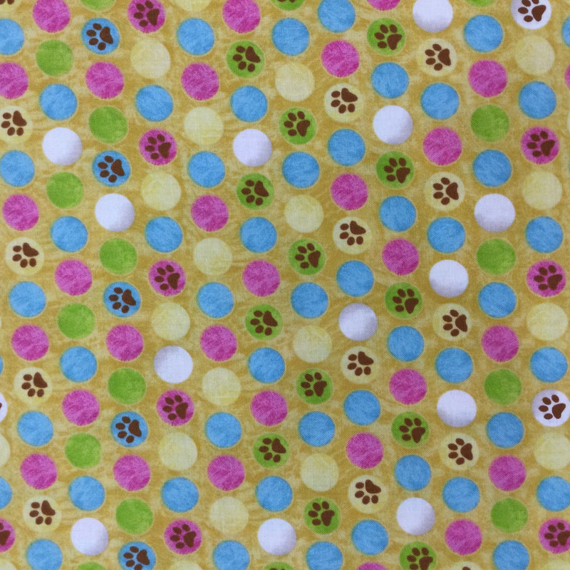 Paws in Dots | Pink| Blue | Green | Gold Background | Quilting Treasures | Quilting Fabric | 100% Cotton | 44 Wide | By The Yard