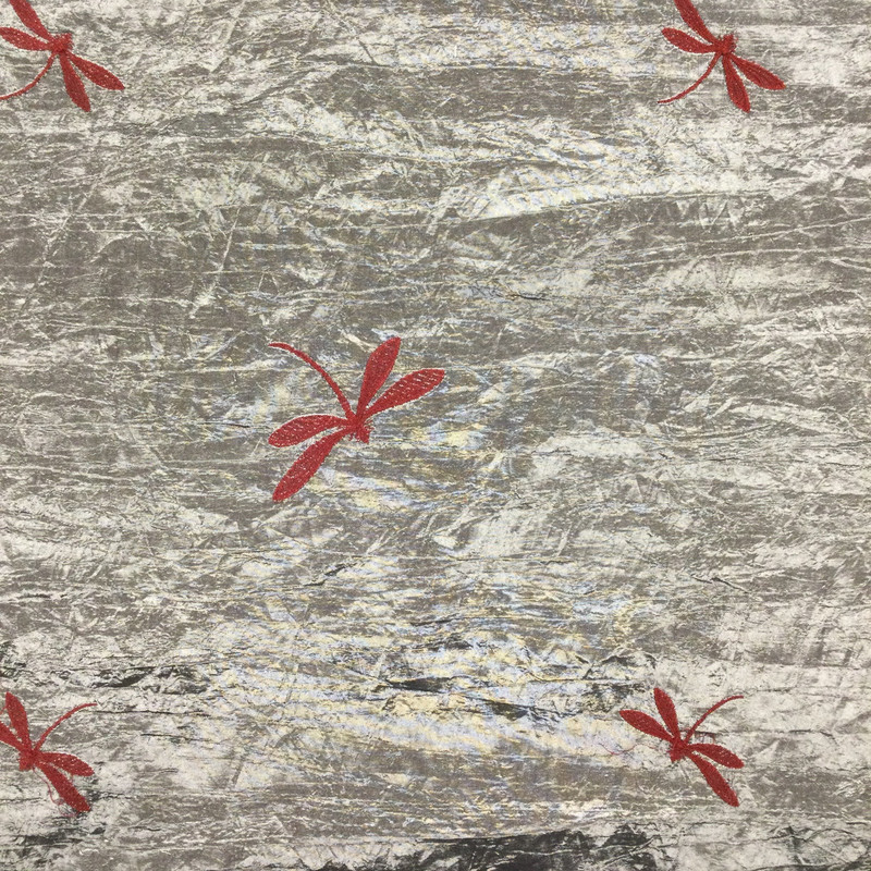 Crinkle Taffeta Fabric with Dragonfly Embroidery in Red on Dark Grey  | Drapery / Upholstery / Apparel | Polyester | 58 Wide | By the Yard