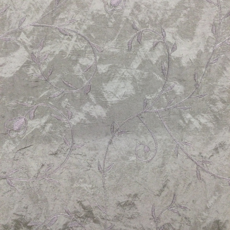 Crinkle Taffeta Fabric with Floral Vine Embroidery in Dove Grey | Drapery / Apparel / Upholstery | 54" Wide | By the Yard