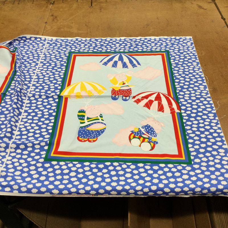 Pigs with Parachuttes Baby Quilt Panel | Primary Colors on Blue | 36 inch Panel | Juvenile Nursery Fabric | 44 Wide | 100% Cotton | By The Panel