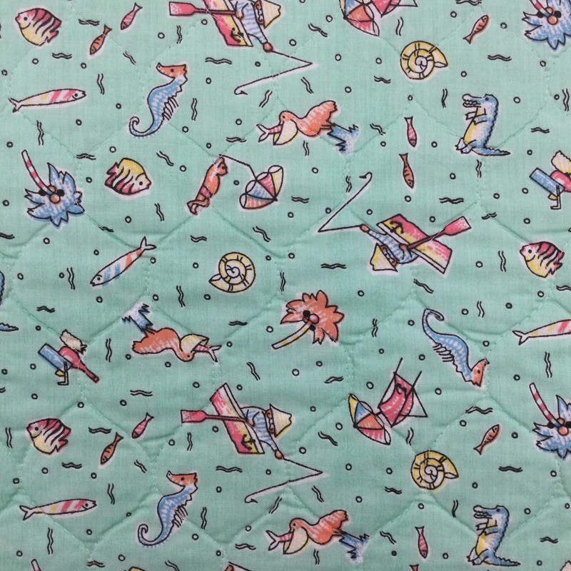 Beach Theme in Mint Green Fabric | Pre Quilted | Juvenile | Nursery  | 44 Inch Wide | 100% Cotton |  Poly Backed | Sold by the yard