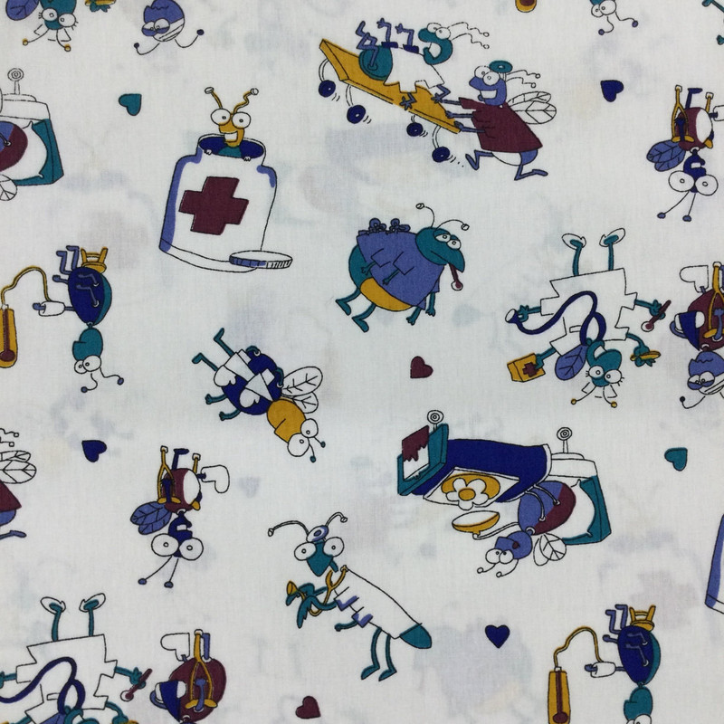 White And blue Don't Catch A Bug Novelty Woven Print  Scrub Fabric | Multicolor on White | Easy Care Scrub Weight | Poly Cotton Blend | 60 inch Wide | By The Yard