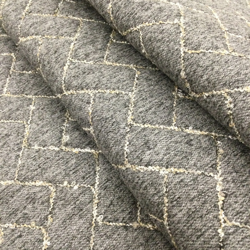Pre-Quilted Geometric Fabric in Charcoal with Beige Variegated Boucle | Upholstery | Heavy Weight | Backed with Batting | 54" Wide | By the Yard | Herring in Charcoal